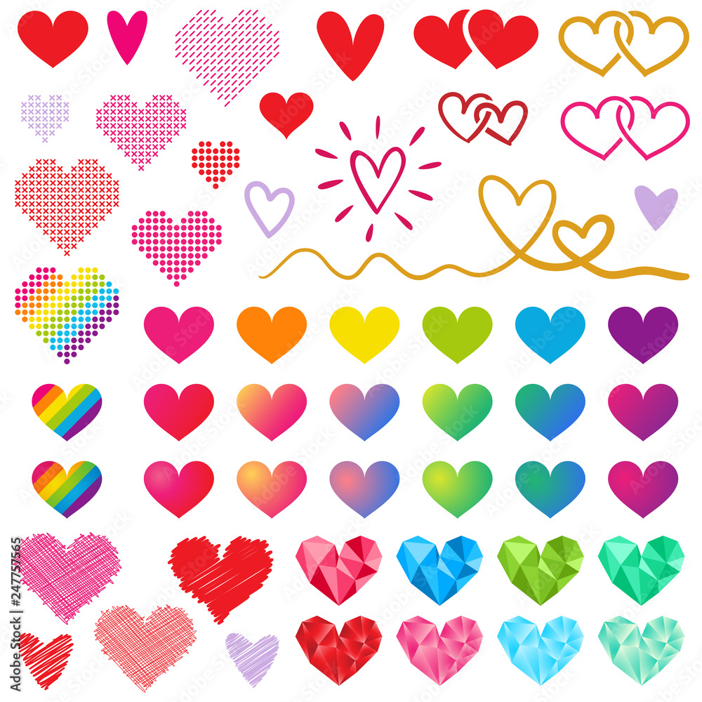 Hearts, set of colorful heart-shaped design elements