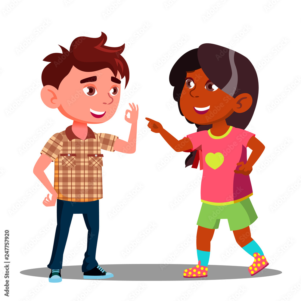 Girl And Boy Makes Fingers Appointment Vector. Isolated Illustration