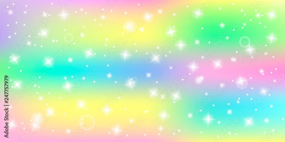 Bright abstract background with shining stars in a palette of pastel colors unicorn with bokeh effect.
