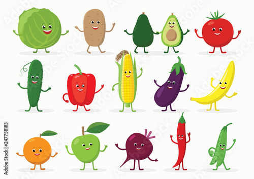 Large set of funny fruits and vegetables cartoon characters smiling with hands and legs isolated on white background. Cheerful food mascots in flat design.