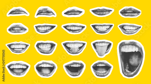 Collage in magazine style with emotional woman's lip gestures set. Girl mouth close up with lipstick makeup expressing different emotions. Black and white toned sunny summer colorful yellow background