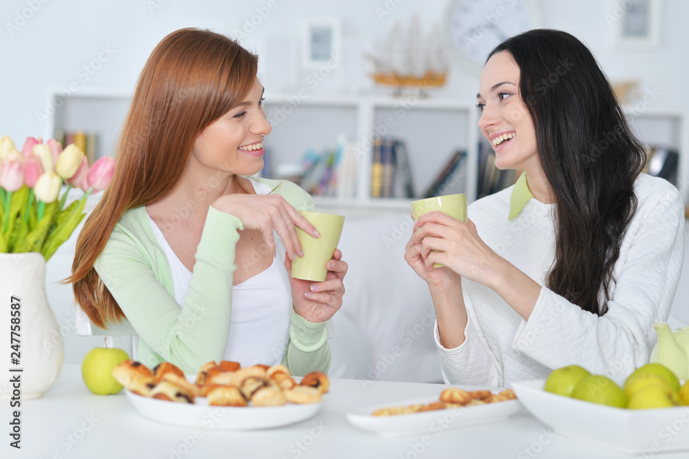 Two female friends sitting at table and drinking tea