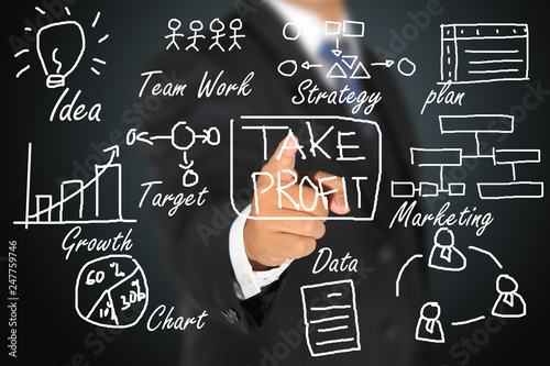businessman showing work flow for take profit