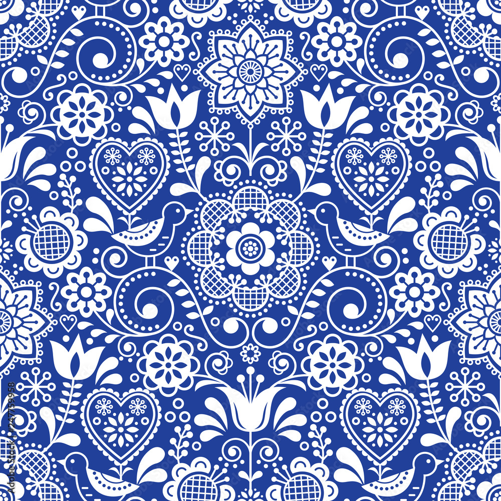 Seamless folk art vector pattern with birds and flowers, Scandinavian repetitive floral design in white on navy blue