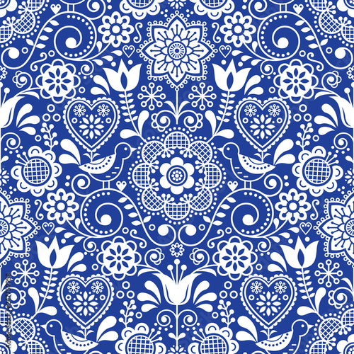 Seamless folk art vector pattern with birds and flowers, Scandinavian repetitive floral design in white on navy blue