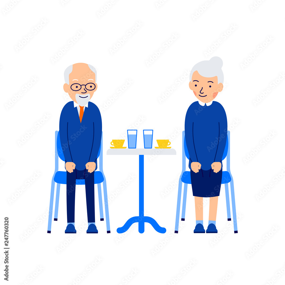 Elderly couple are sitting at a table and drinking coffee and water. Old people enjoying time together. Illustration of people characters isolated on white background in flat style