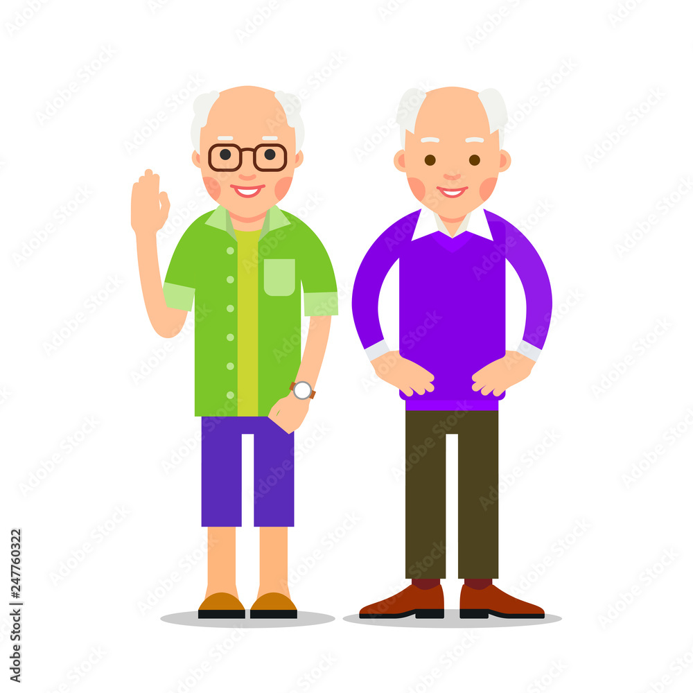 Two elderly men stand near. One pensioner in the greeting raised his hand, the other senior standing in akimbo pose. Illustration of people characters isolated on white background in flat style