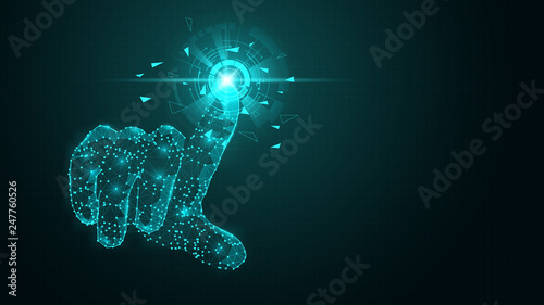 Abstract virtual futuristic Hand touch the circle interface on green cyberspace background with low-poly, polygon and triangle. Point finger touching technology concept. Wireframe  vector