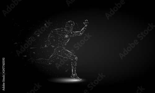 Abstract Sprinter futuristic background with low-poly, polygon and triangle. Sport runner concept from dots, circles and lines. Molecular concept. Wireframe light connection structure vector 
