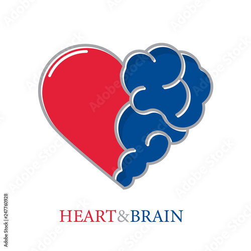 Heart and Brain flat modern icon logo vector design. Interaction between soul and intelligence, emotions and rational thinking or teamwork and balance