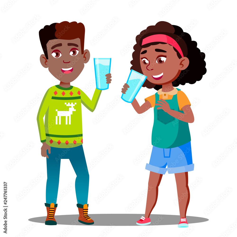 Two Afro American Kids Drinking Organic Milk From A Glass Vector. Isolated Illustration