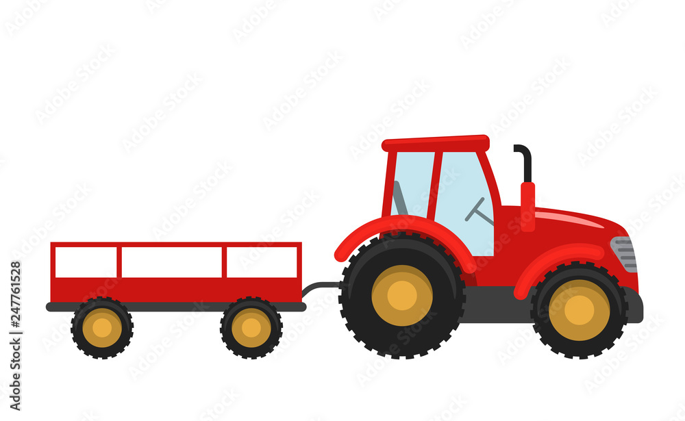 Red Tractor with trailer. Vector illustration in flat style isolated on white background.