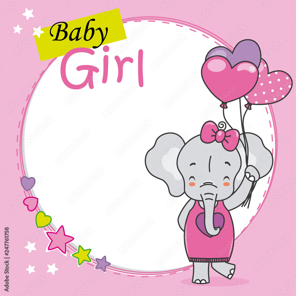 Fototapeta premium Baby shower card. Cute elephant with heart-shaped balloons. Space for text