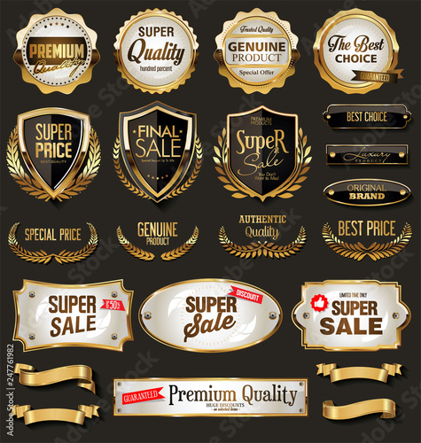 Collection of vintage retro premium quality golden badges and labels 