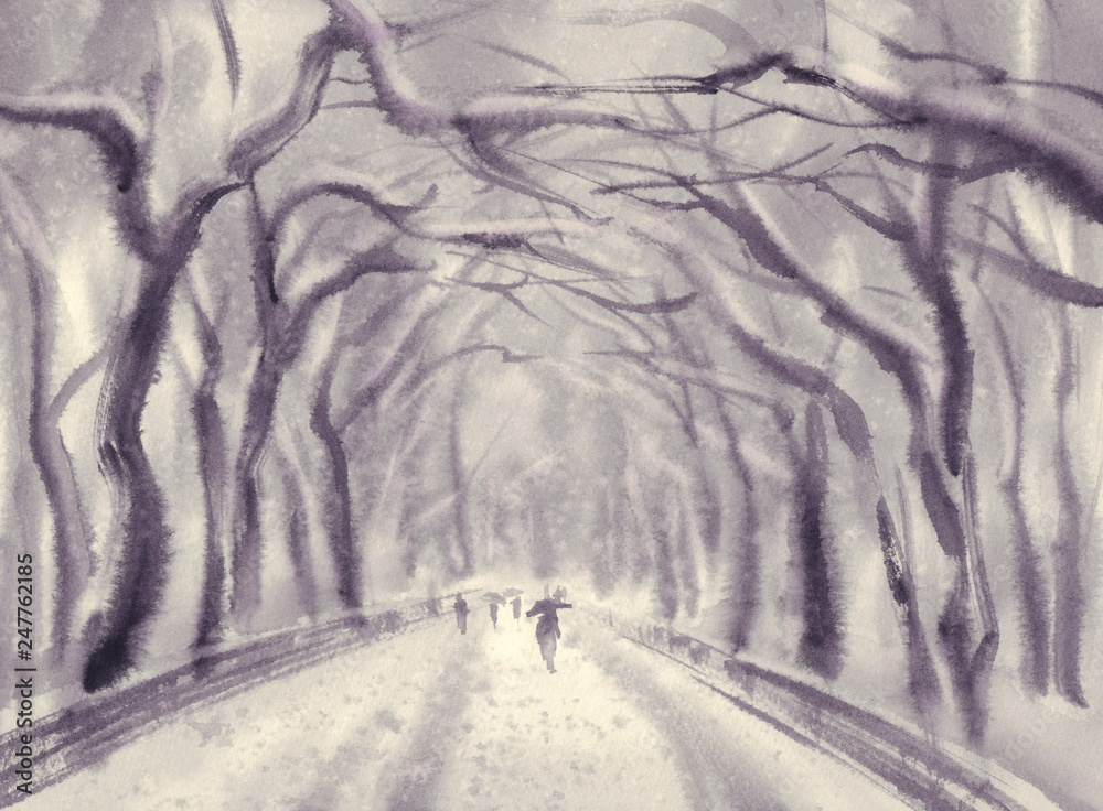 Fototapeta premium park in winter landscape in the forest watercolor