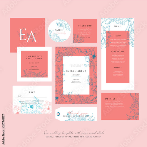 Sea wedding template with a warm coral shade. Big wedding collection with sketch floral branches, coral, algae in the trend colors of living coral. Nautical art.