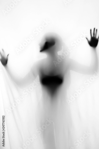 Silhouette of beautiful sexy woman behind curtain on white background