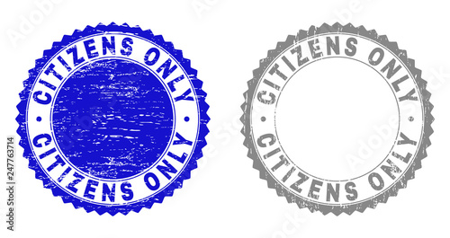 Grunge CITIZENS ONLY stamp seals isolated on a white background. Rosette seals with grunge texture in blue and grey colors. Vector rubber stamp imprint of CITIZENS ONLY text inside round rosette.