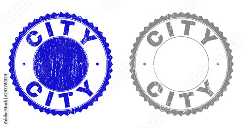 Grunge CITY stamp seals isolated on a white background. Rosette seals with grunge texture in blue and grey colors. Vector rubber stamp imitation of CITY text inside round rosette.