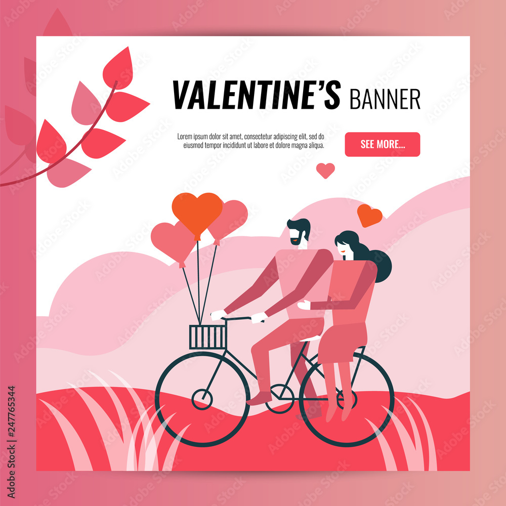 Valentine's day square banner template for website, social media and postcard. flat design elements. vector illustration
