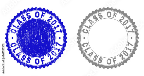 Grunge CLASS OF 2017 stamp seals isolated on a white background. Rosette seals with grunge texture in blue and gray colors. Vector rubber watermark of CLASS OF 2017 caption inside round rosette.