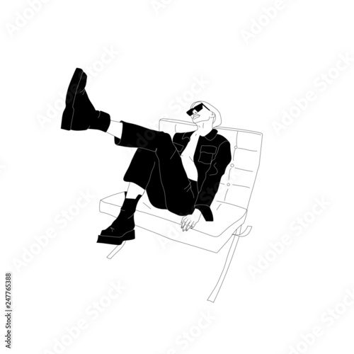 Beautiful woman holding paper coffee cup. Fashion woman in sunglasses. Hand drawn vector illustration of a girl in trendy clothes. Monochrome drawing. 