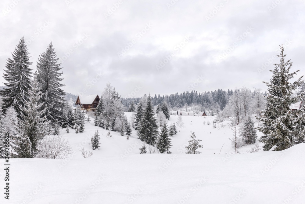 rural mountain house on snow. 