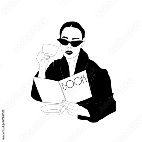 Young pretty fashion woman drinking coffee with sunglasses and reading book or magazine. Hand drawn vector illustration