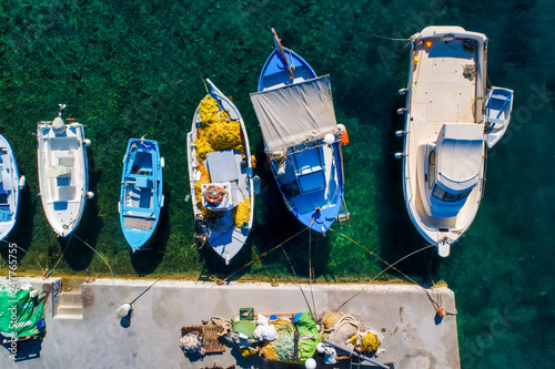 Aerial view of traditonal fishing boats in Katapola port, Amorgos island, Greece