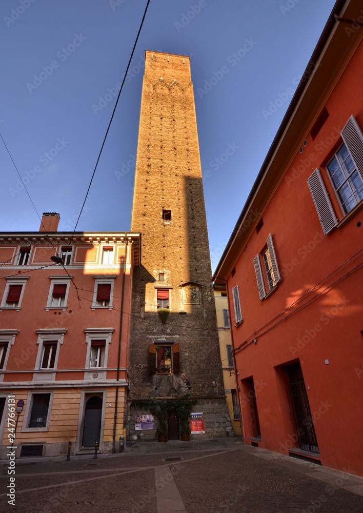 Bologna, Emilia Romagna, Italy. December 2018. The Prendiparte tower, 59.5 meters high.