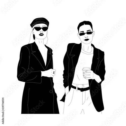 Beautiful woman holding paper coffee cup. Fashion woman in sunglasses. Hand drawn vector illustration of a girl in trendy clothes. Monochrome drawing. 
