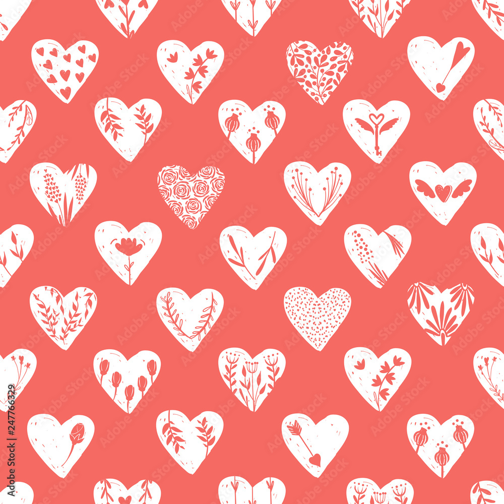 Vector seamless pattern with hand drawn hearts isolated on transparent background. Love valentines day clipart. Heart shape decorated floral elements: rose, tulip, key with wings, arrows