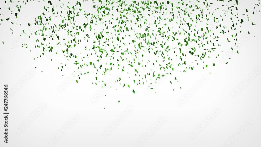Green confetti explosion falling down on white background. 4K