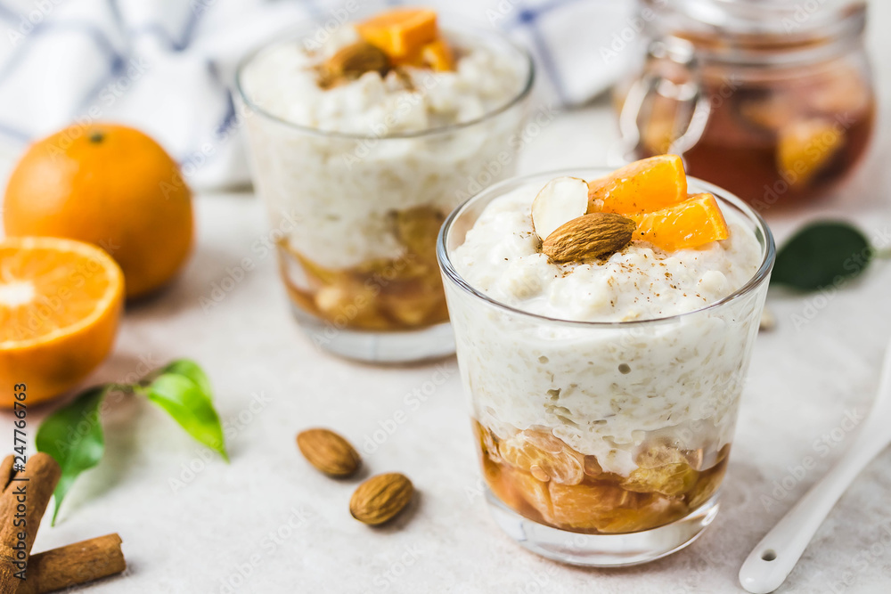 Overnight oats with citrus jam. Selective focus, space for text. Overnight oats with citrus jam. Selective focus, space for text.