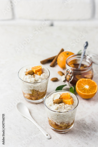 Overnight oatmeal pudding with tangerines. Top view, space for text.