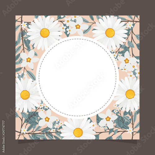 Floral greeting card and invitation template for wedding or birthday anniversary, Vector circle shape of text box label and frame, Chamomile flowers wreath ivy style with branch and leaves.