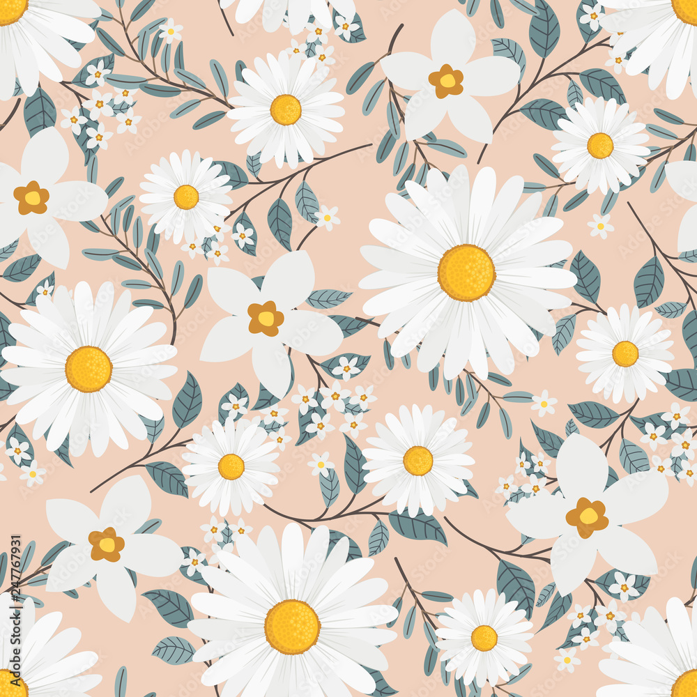 Floral vector artwork for apparel and fashion fabrics, Chamomile flowers wreath ivy style with branch and leaves. Seamless patterns background. Floral vector artwork for apparel and fashion fabrics, Chamomile flowers wreath ivy style with branch and leaves. Seamless patterns background.