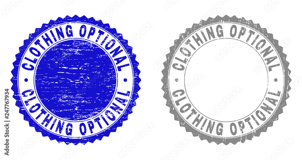 Grunge CLOTHING OPTIONAL stamp seals isolated on a white background. Rosette seals with grunge texture in blue and gray colors. Vector rubber overlay of CLOTHING OPTIONAL text inside round rosette.