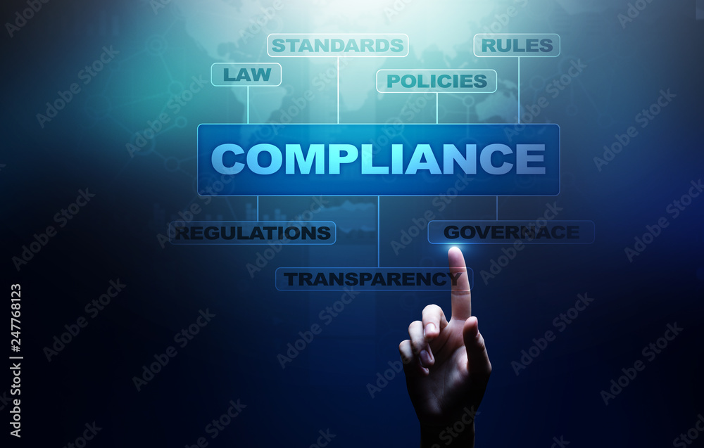 Compliance concept with icons and text. Regulations, law, standards, requirements, audit diagram on virtual screen. Compliance concept with icons and text. Regulations, law, standards, requirements, audit diagram on virtual screen.