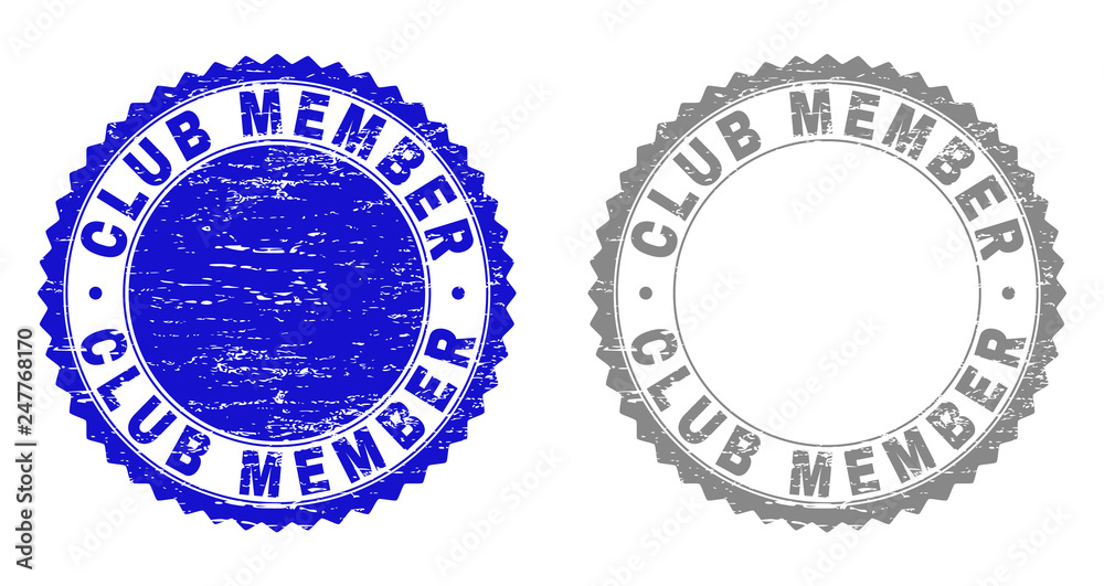 Obraz premium Grunge CLUB MEMBER stamp seals isolated on a white background. Rosette seals with grunge texture in blue and gray colors. Vector rubber stamp imprint of CLUB MEMBER title inside round rosette.