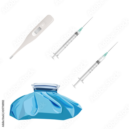 Medical set. Syringe, thermometer, hot-water bottle. Vector illustration.