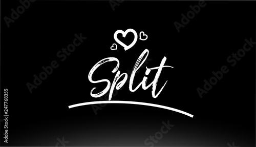 split black and white city hand written text with heart logo