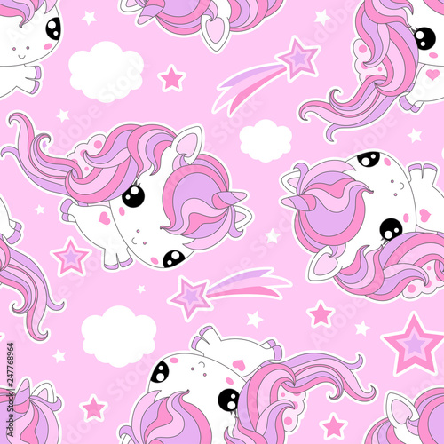 Seamless pattern. Small, white unicorns with clouds. For design of fabric, wallpaper, paper and so on. Vector