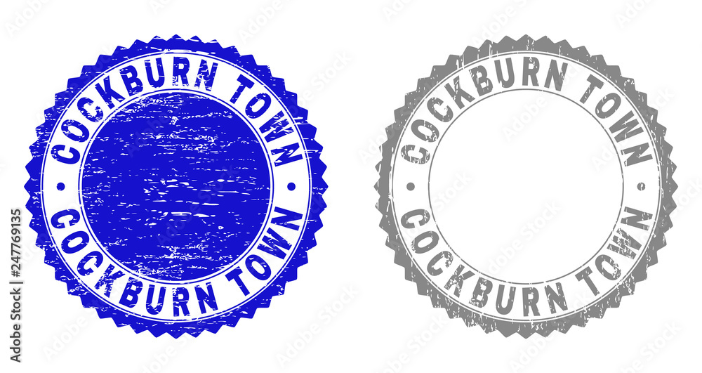 Grunge COCKBURN TOWN stamp seals isolated on a white background. Rosette seals with grunge texture in blue and grey colors. Vector rubber stamp imprint of COCKBURN TOWN text inside round rosette.