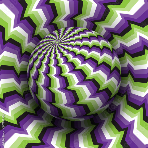 Optical illusion vector illustration. Purple green white black patterned sphere soaring above the same surface.