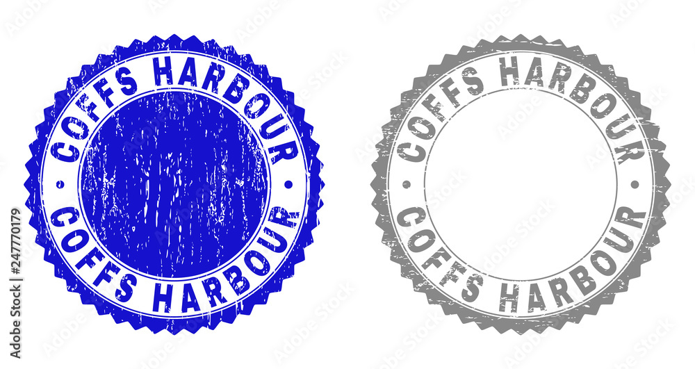 Grunge COFFS HARBOUR stamp seals isolated on a white background. Rosette seals with grunge texture in blue and gray colors. Vector rubber overlay of COFFS HARBOUR tag inside round rosette.