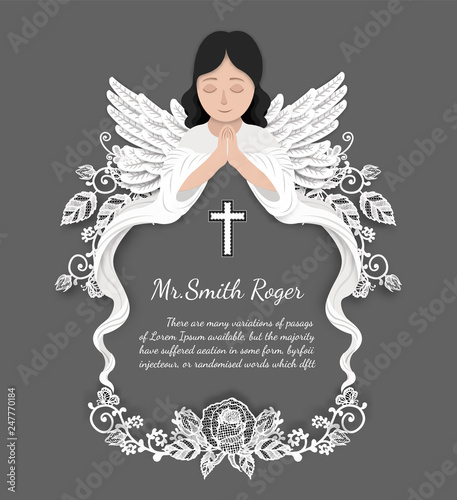 Angel with lace rose funeral card by hand drawing.Flower vector art highly detailed in line art style.
