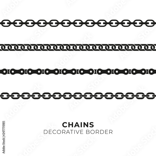 Set of black isolated of chains on white background. Seamless pattern of chain. Decorative border - Vector