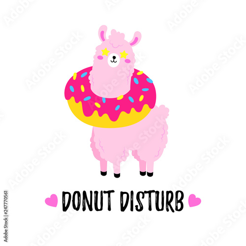Vector cartoon card. Doodle illustration. Template, background for print, design. Cute poster with a funny llama with donut around his neck