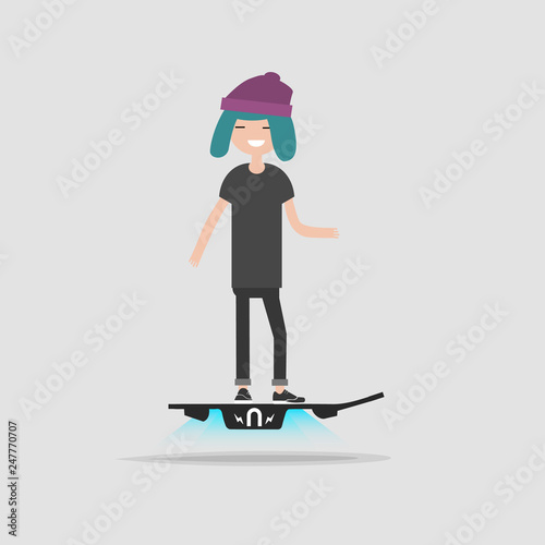 Young haracter rides on flying skateboard.flat cartoon design